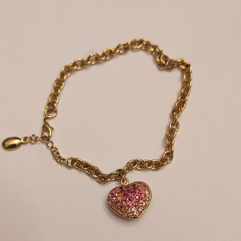 Gold Tone Heart Charm Bracelet with Pink Accents